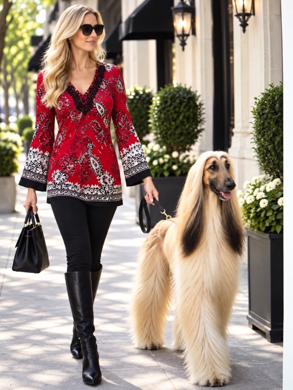 Roz & Ali Red Black Paisley Embellished V Neck Tunic Blouse Size M